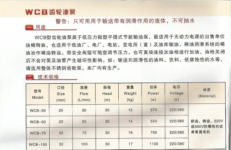 WCB齒輪泵參數